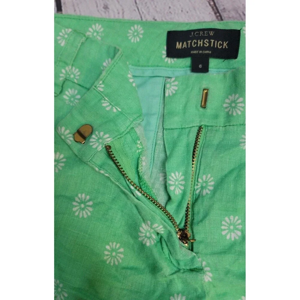 J. Crew Matchstick 100% Linen Green White Floral Shorts sz 6 Casual Lightweight